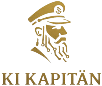 Logo von KI-Kapitän mit einem stilisierten Kapitän und goldener Schrift.